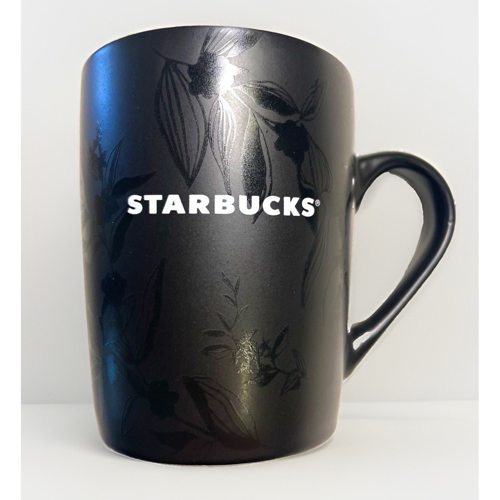 Starbucks matte black ceramic floral and leaf botanical pattern Coffee Mug 10oz